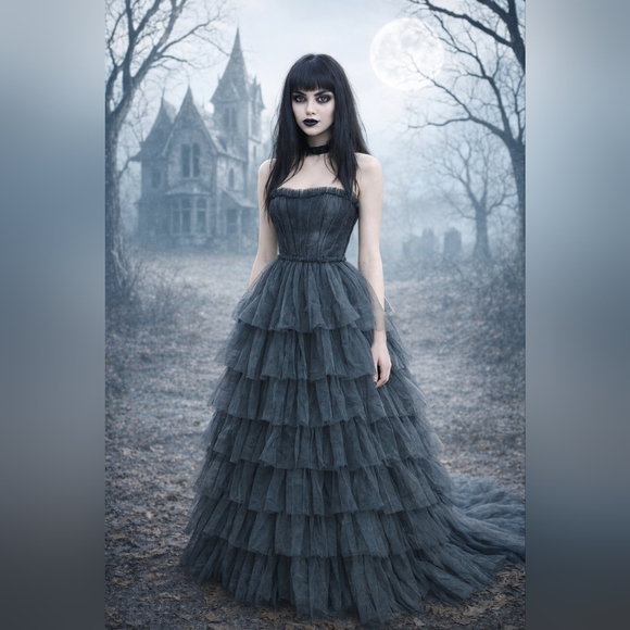 Dolls Kill Dresses & Skirts - Dolls Kill Unholy Dramatic Flair Tiered Black Gray Tulle Maxi Dress Gown S